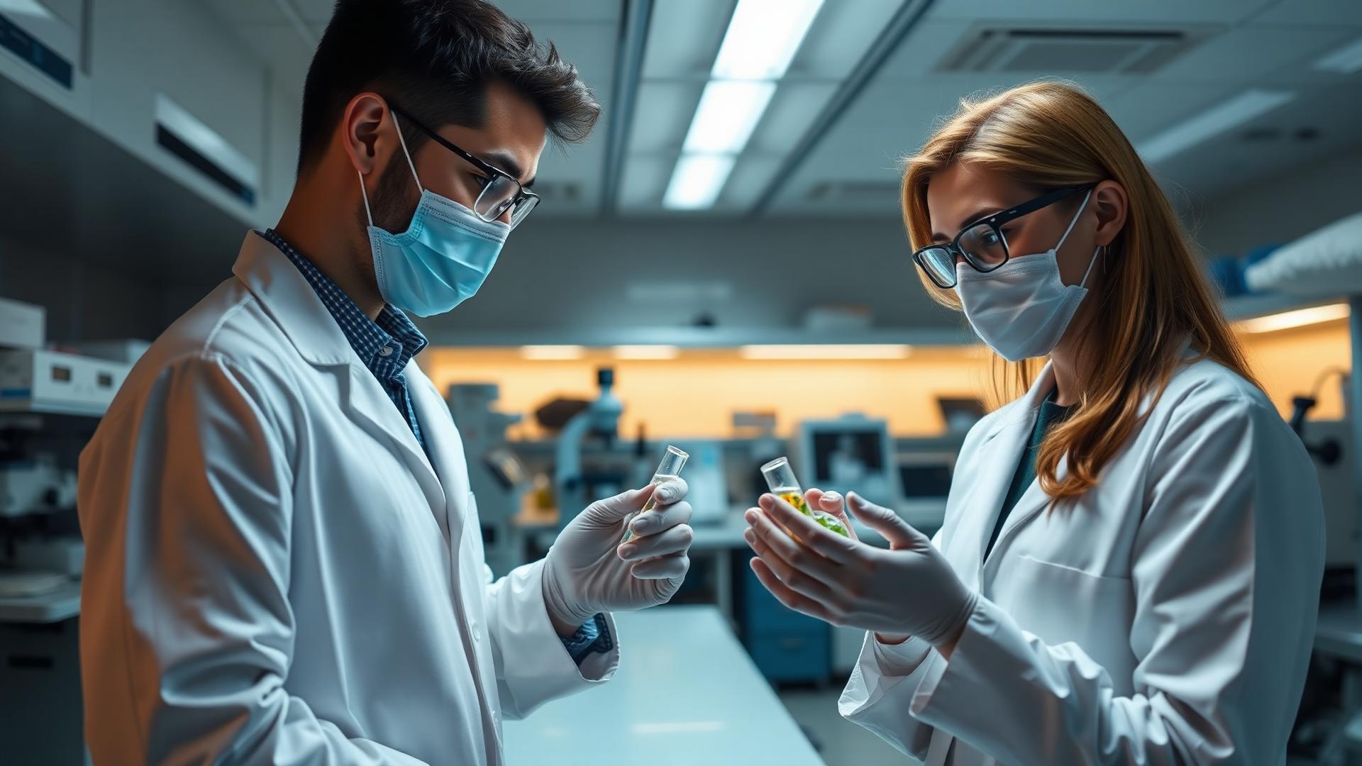 Two scientists examining specimens in the GoldPath laboratory